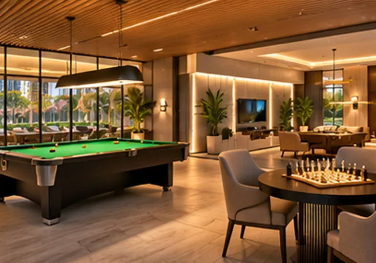 Games lounge with pool and chess tables