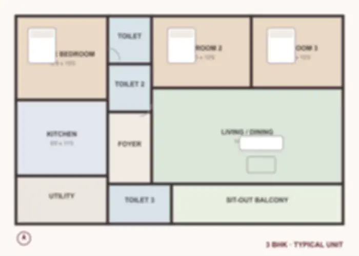 3 BHK floor plan, blurred